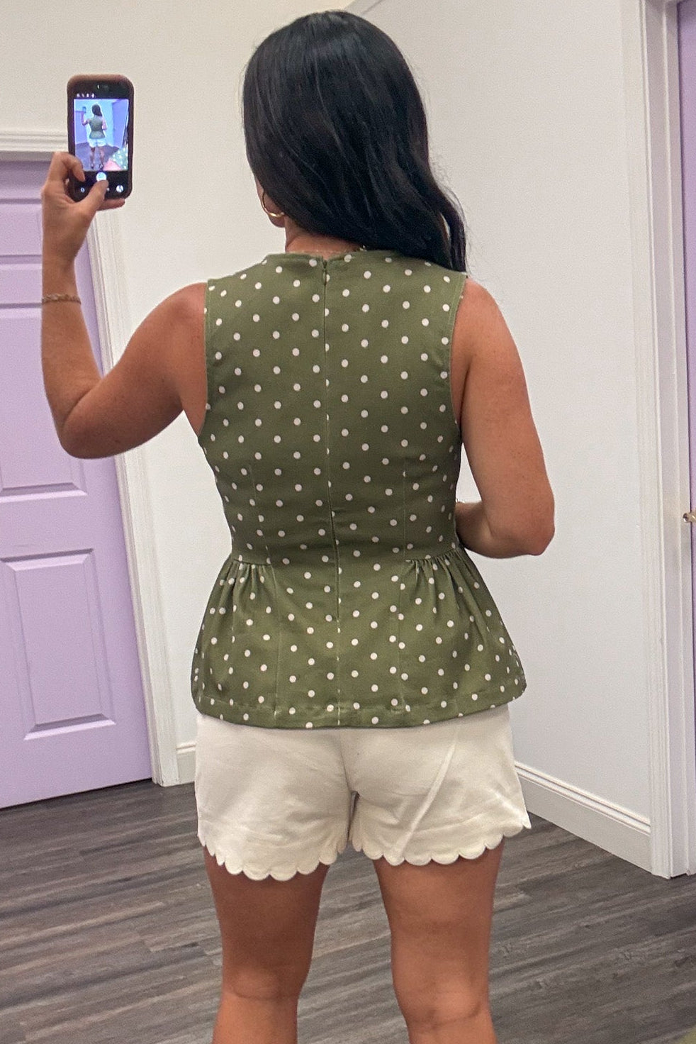 olive green with ecru polka dot print sleeveless denim semi-cropped top with back zipper closure