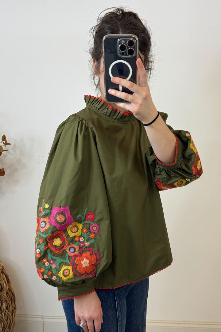 jodifl embroidered bubble sleeve olive fall top side