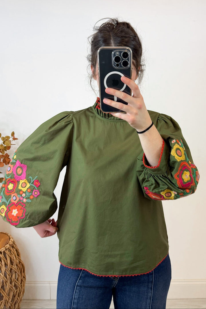 jodifl embroidered bubble sleeve olive fall top width