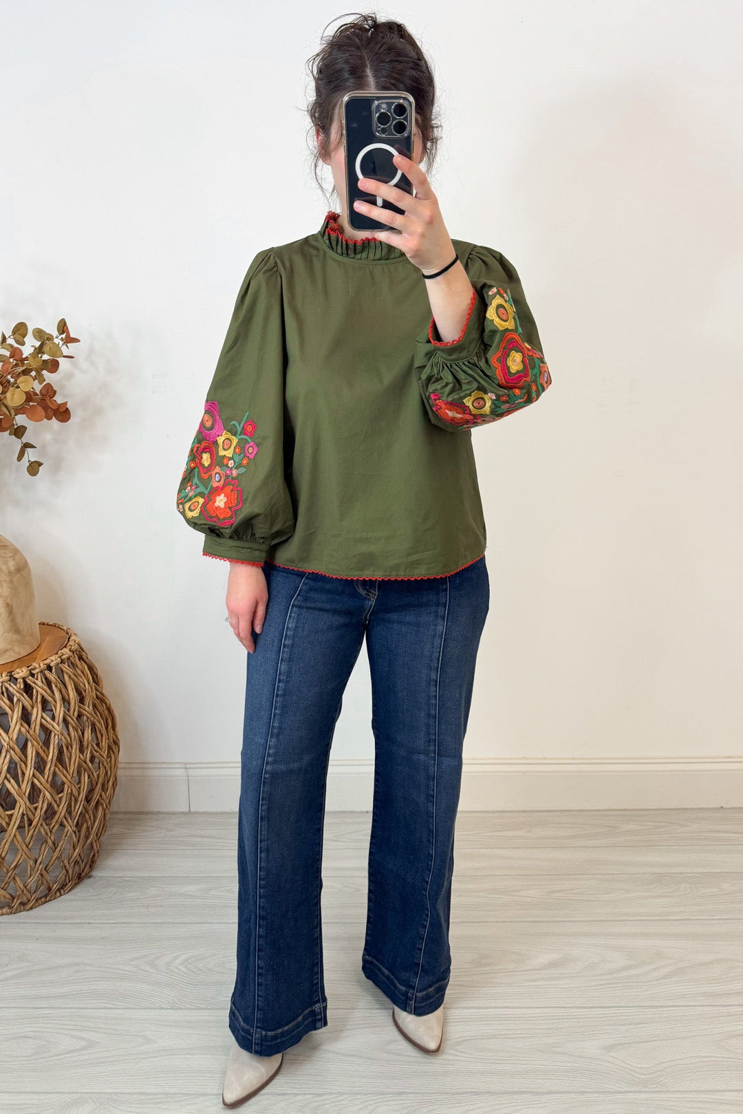 jodifl embroidered bubble sleeve olive fall top full