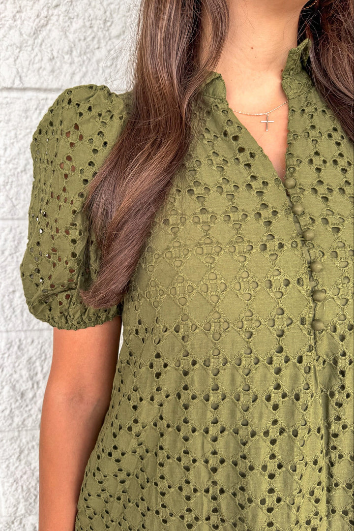 solid olive green embroidered eyelet details short sleeve v neckline cotton maxi dress