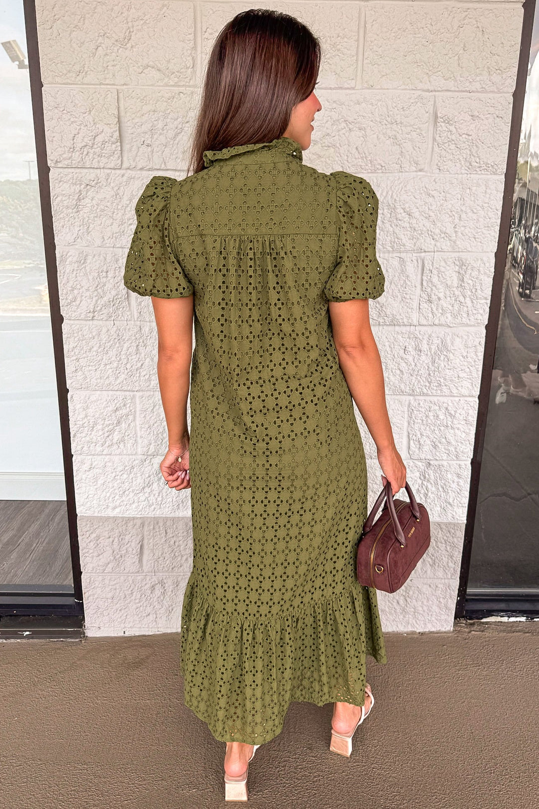 solid olive green embroidered eyelet details short sleeve ruffle hem cotton maxi dress