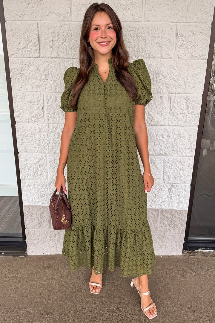 solid olive green embroidered eyelet details short sleeve cotton maxi dress