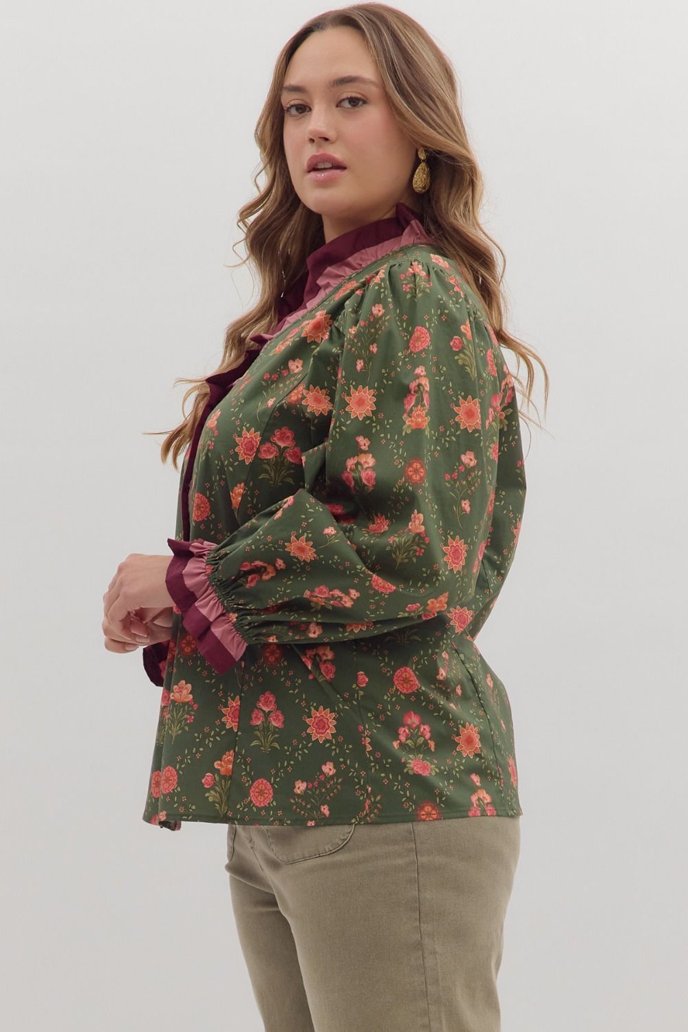 Women's olive and red floral snap front top with mauve and burgundy trim by Entro in plus showing side view