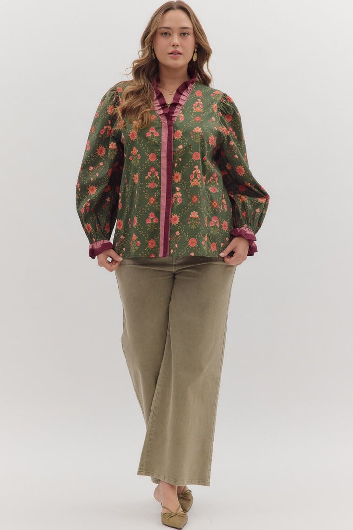 Women's olive and red floral snap front top with mauve and burgundy trim by Entro in plus showing full view