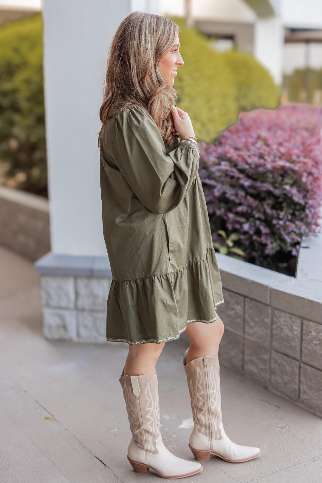 Women's olive long sleeve ruched poplin dress with taupe stitching details by Wishlist showing full side view