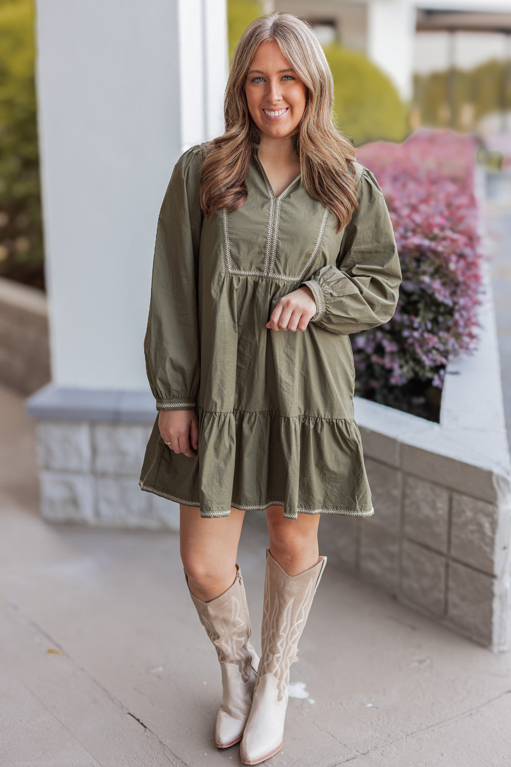 Women's olive long sleeve ruched poplin dress with taupe stitching details by Wishlist showing full front view