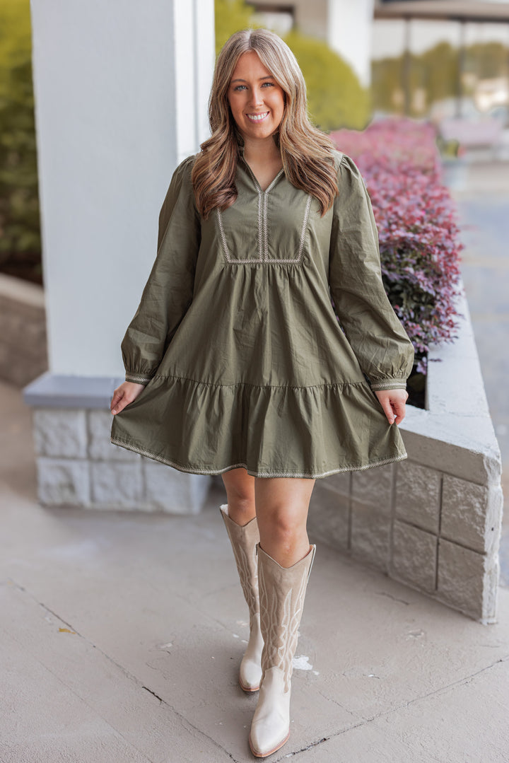 Women's olive long sleeve ruched poplin dress with taupe stitching details by Wishlist