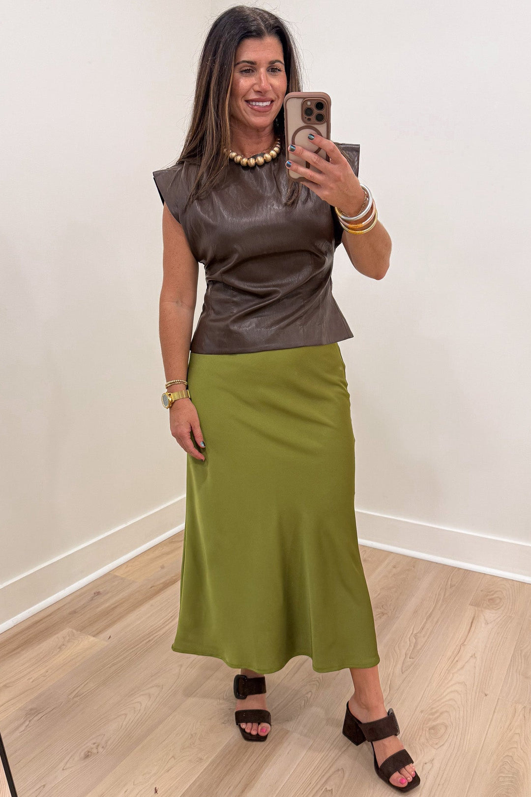 classy solid olive green lightweight satin midi skirt