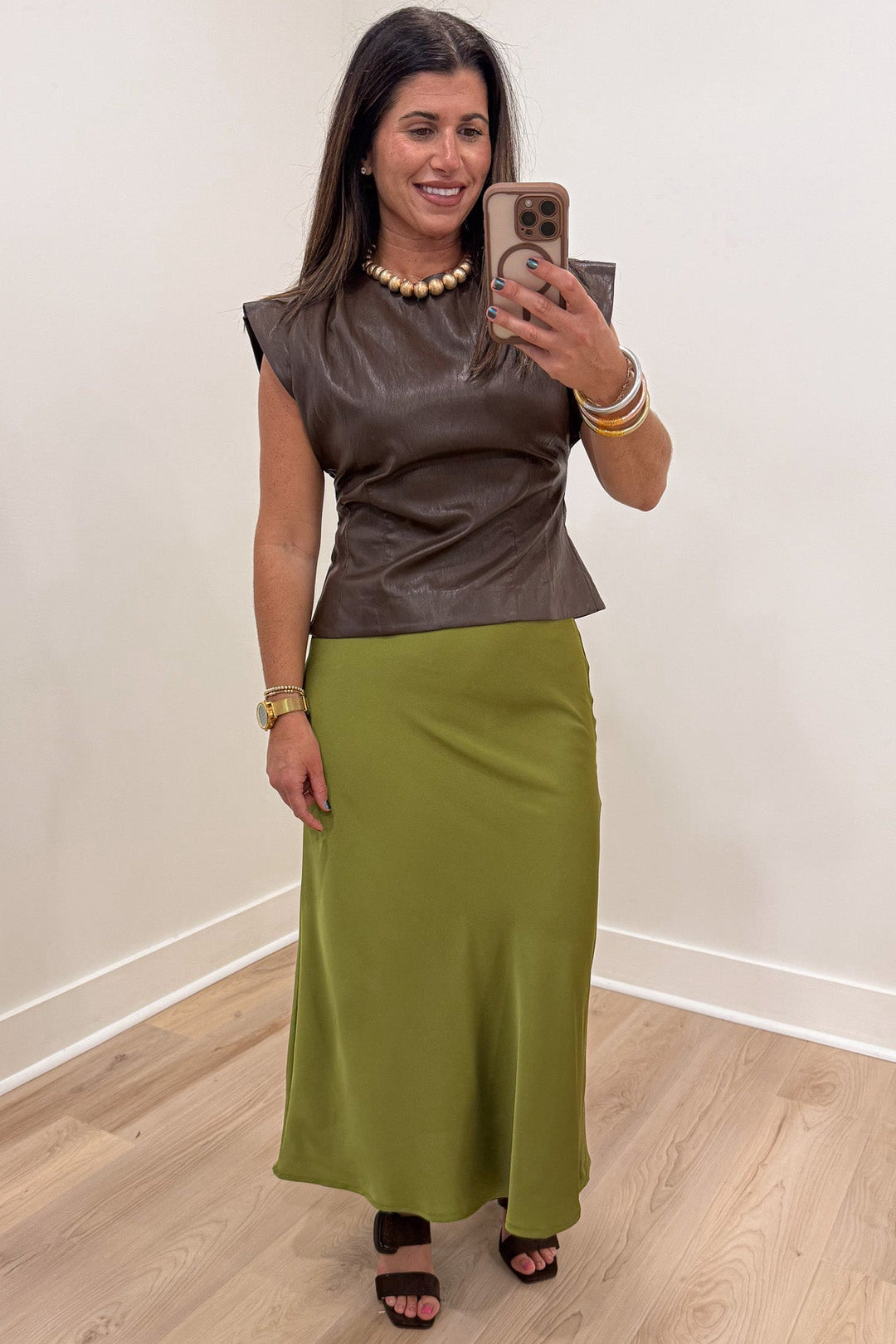 solid olive green lightweight sleek satin midi skirt
