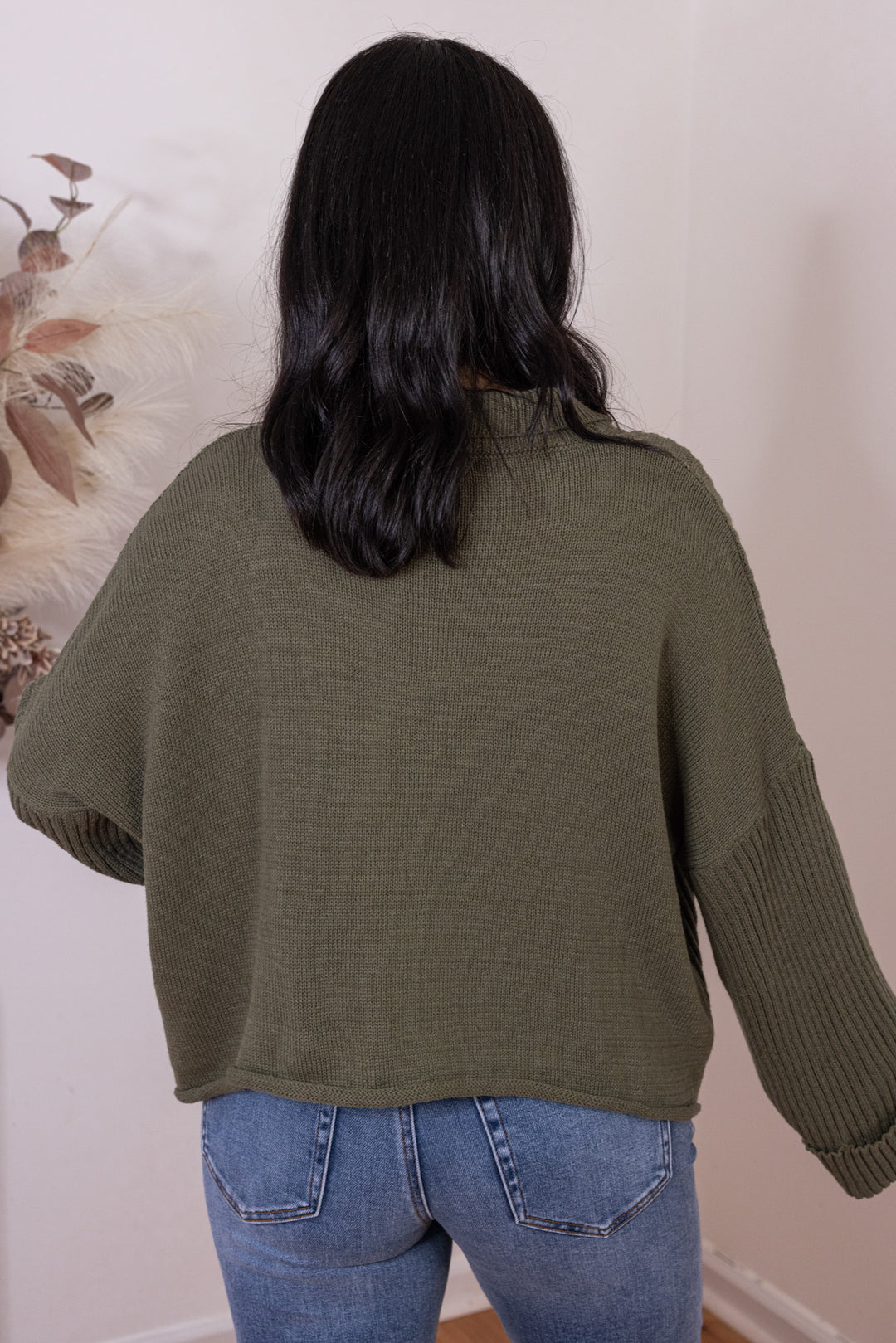 Women's olive button front sweater knit cardigan with a collar by She & Sky showing up close back view