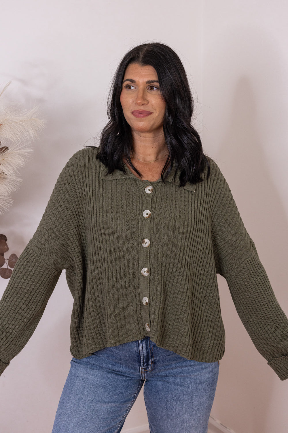 Women's olive button front sweater knit cardigan with a collar by She & Sky showing up close front view