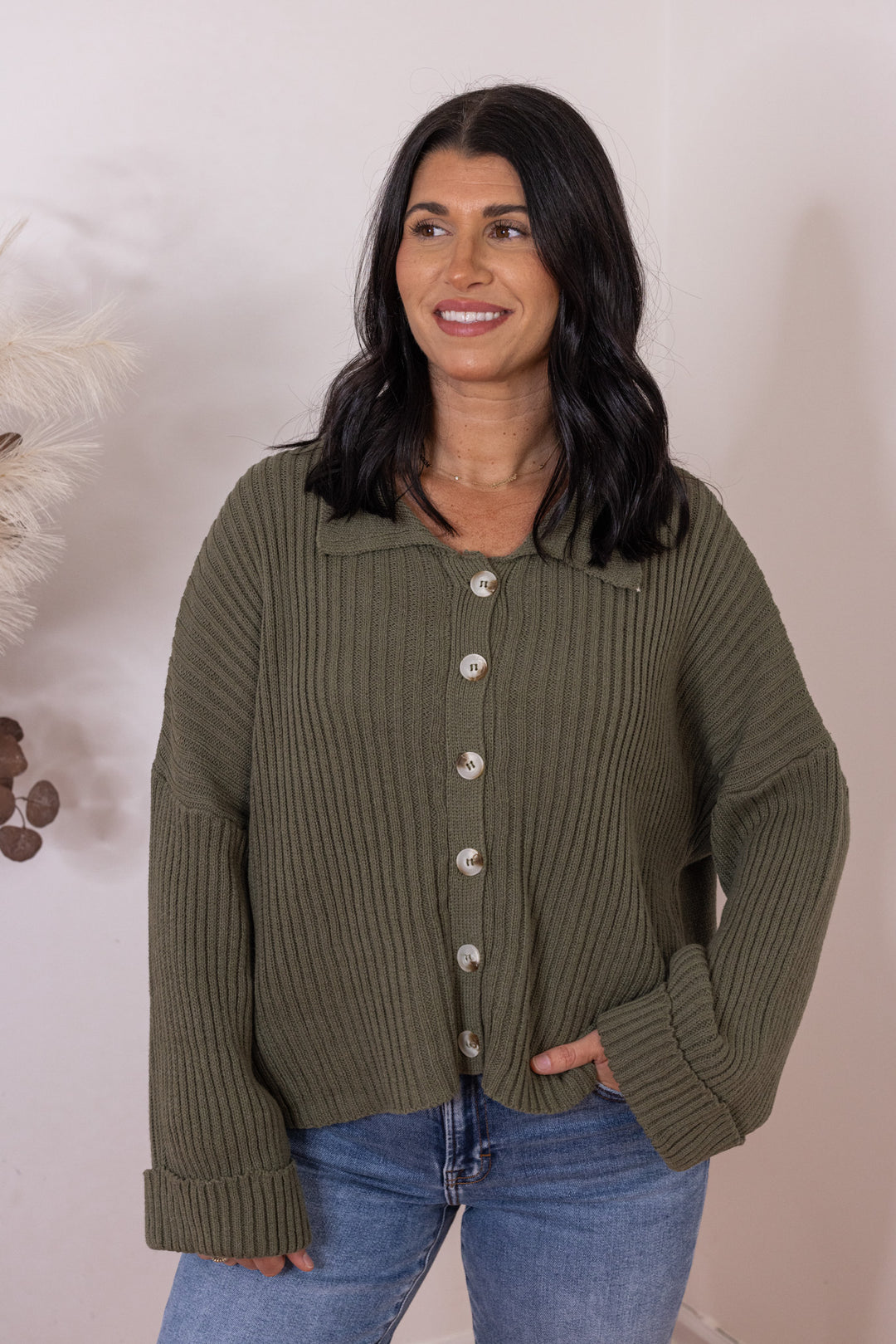 Women's olive button front sweater knit cardigan with a collar by She & Sky