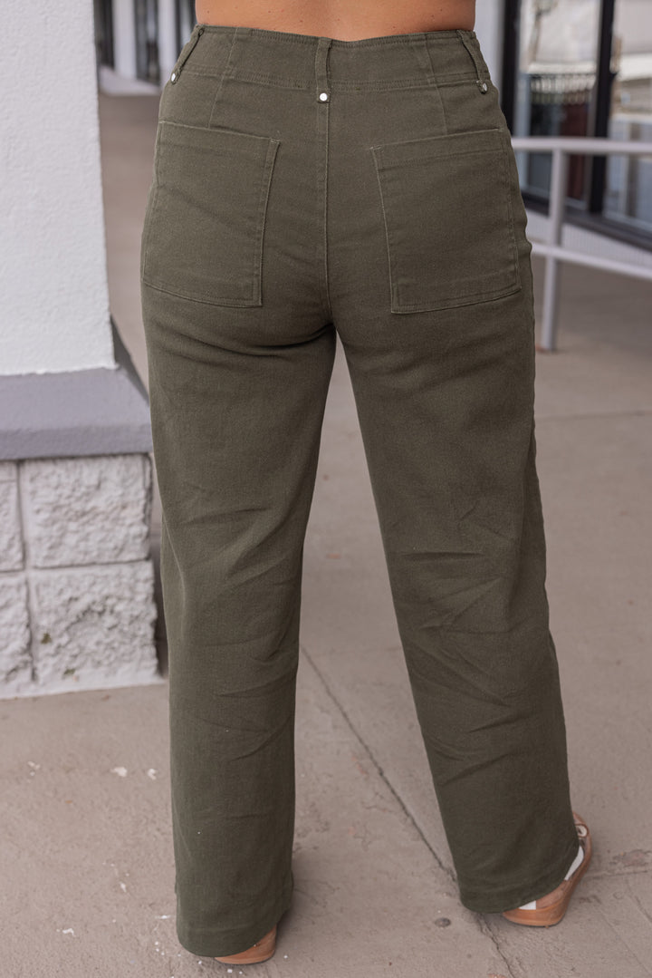 Women's olive denim cropped pants with pintuck seam detail by Entro showing up close back view