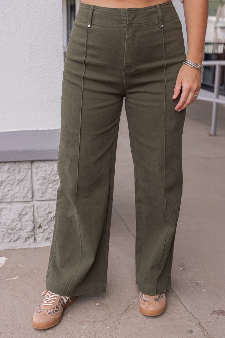 Women's olive denim cropped pants with pintuck seam detail by Entro showing up close front view