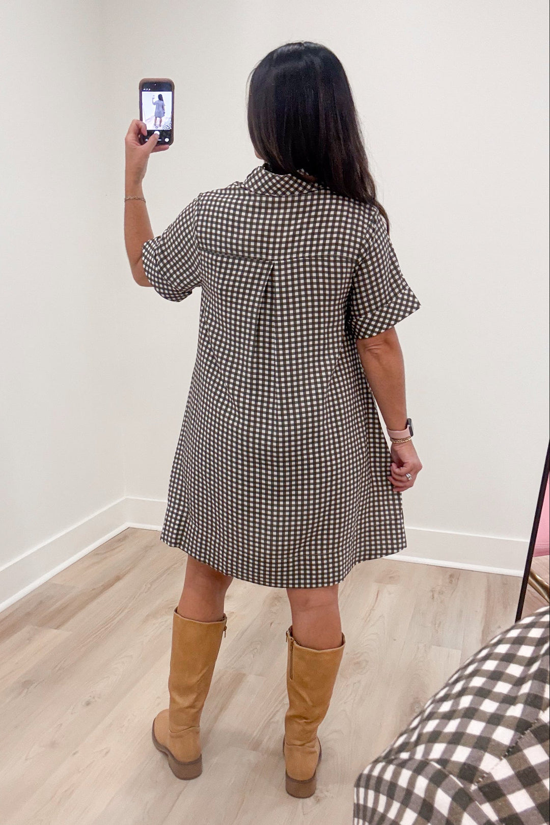 olive ivory gingham short flowy swing dress back