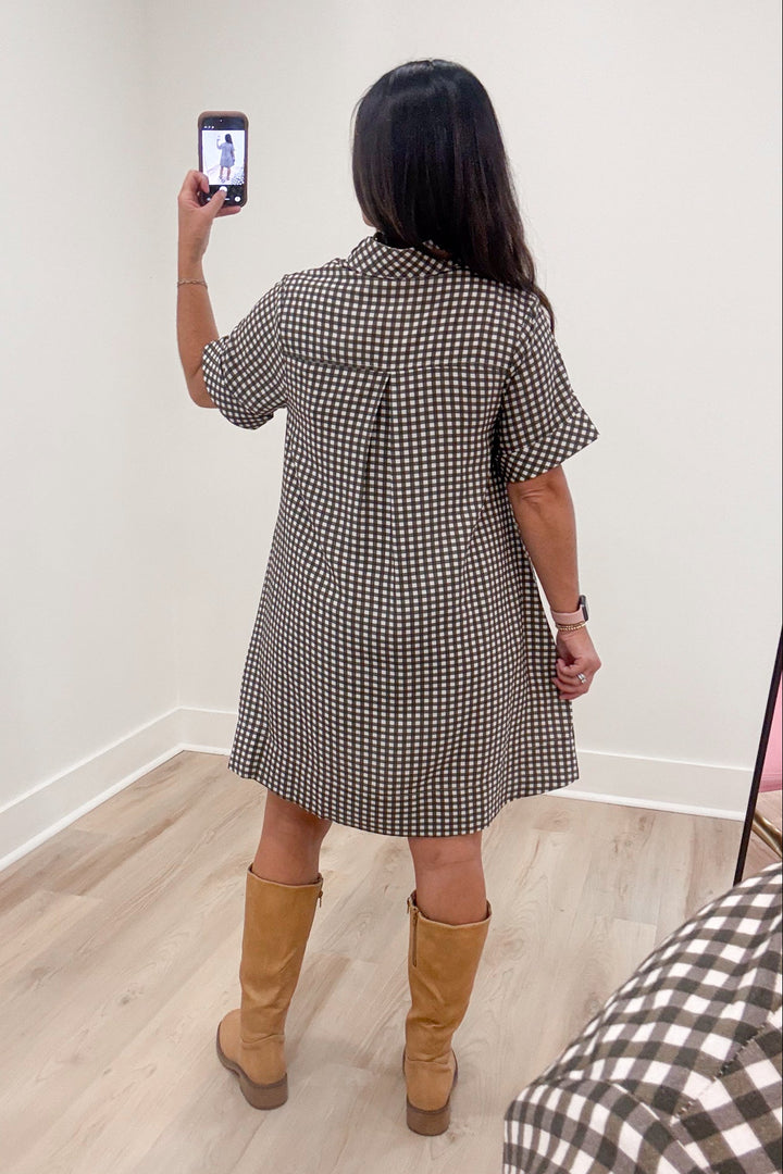 olive ivory gingham short flowy swing dress back