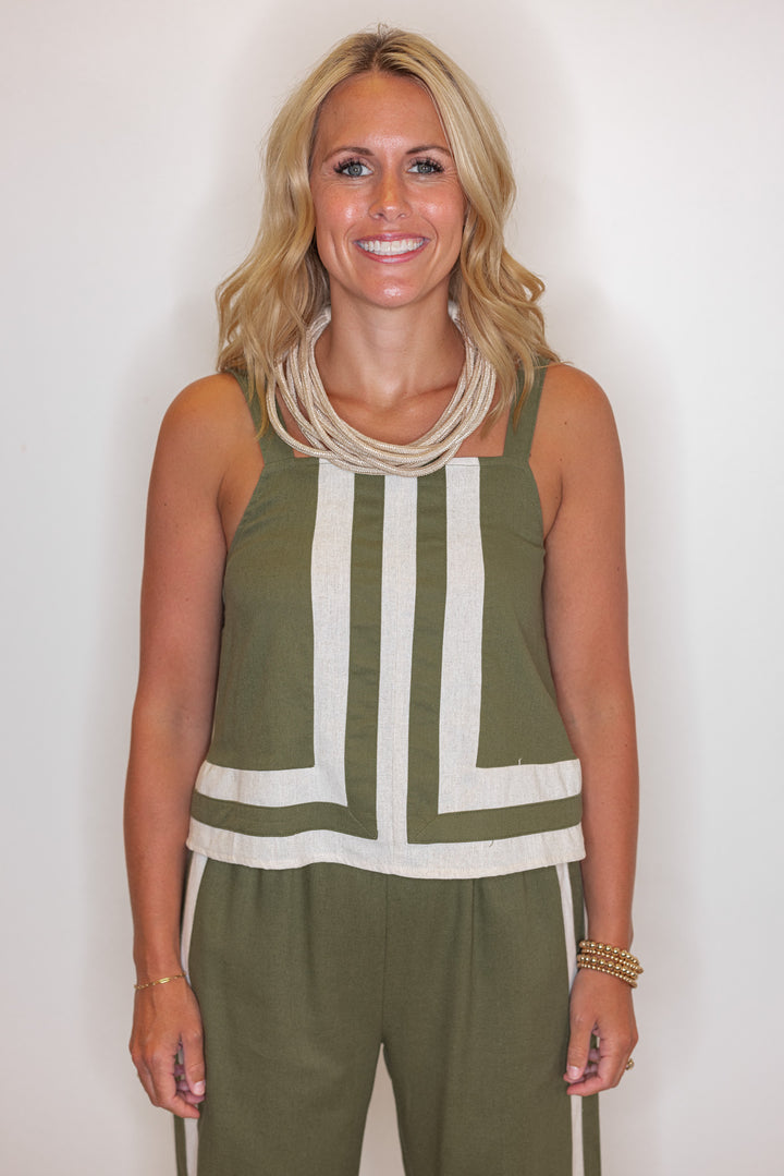 Women's olive green linen sleeveless top with oatmeal trim throughout by Entro