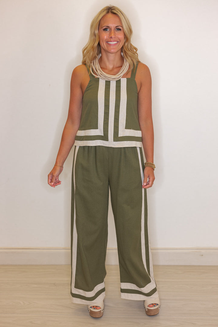 Women's olive green linen sleeveless top with oatmeal trim throughout by Entro shown with matching pants