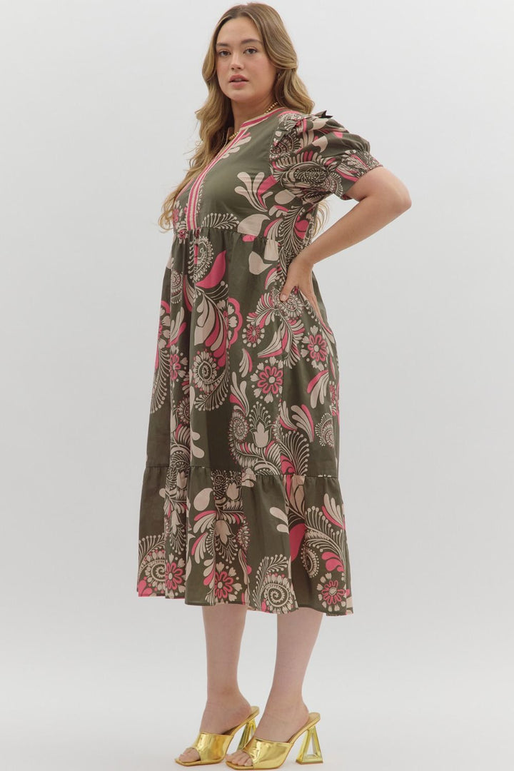 Women's olive midi dress with beige and pink paisley floral print in plus by Entro showing side view