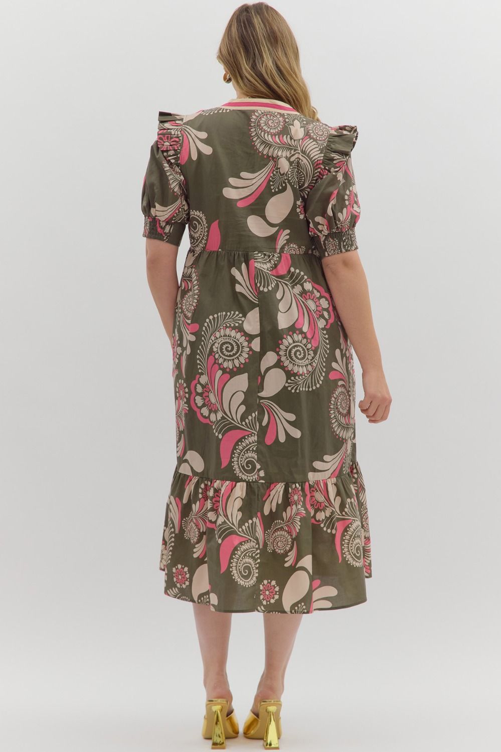 Women's olive midi dress with beige and pink paisley floral print in plus by Entro showing back view