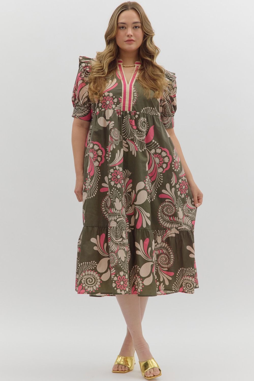 Women's olive midi dress with beige and pink paisley floral print in plus by Entro showing full front view