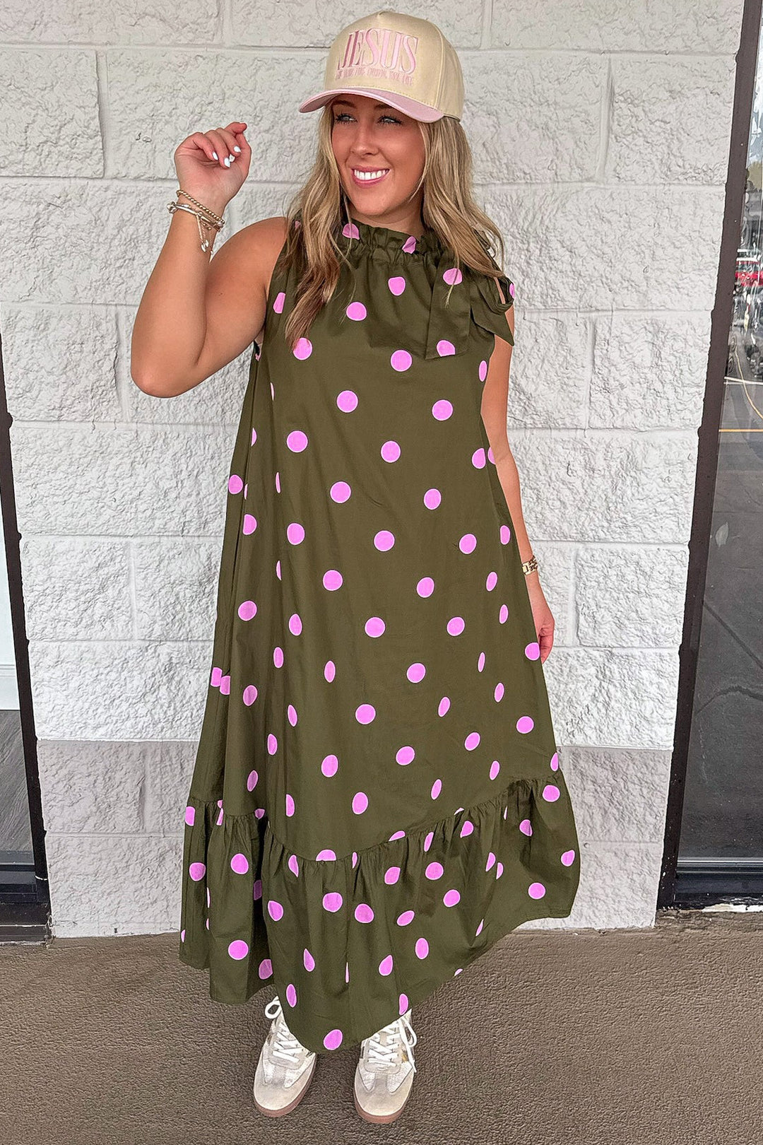 olive green with pink polka dot print sleeveless cinch mock neck midi dress with tiered bottom hem