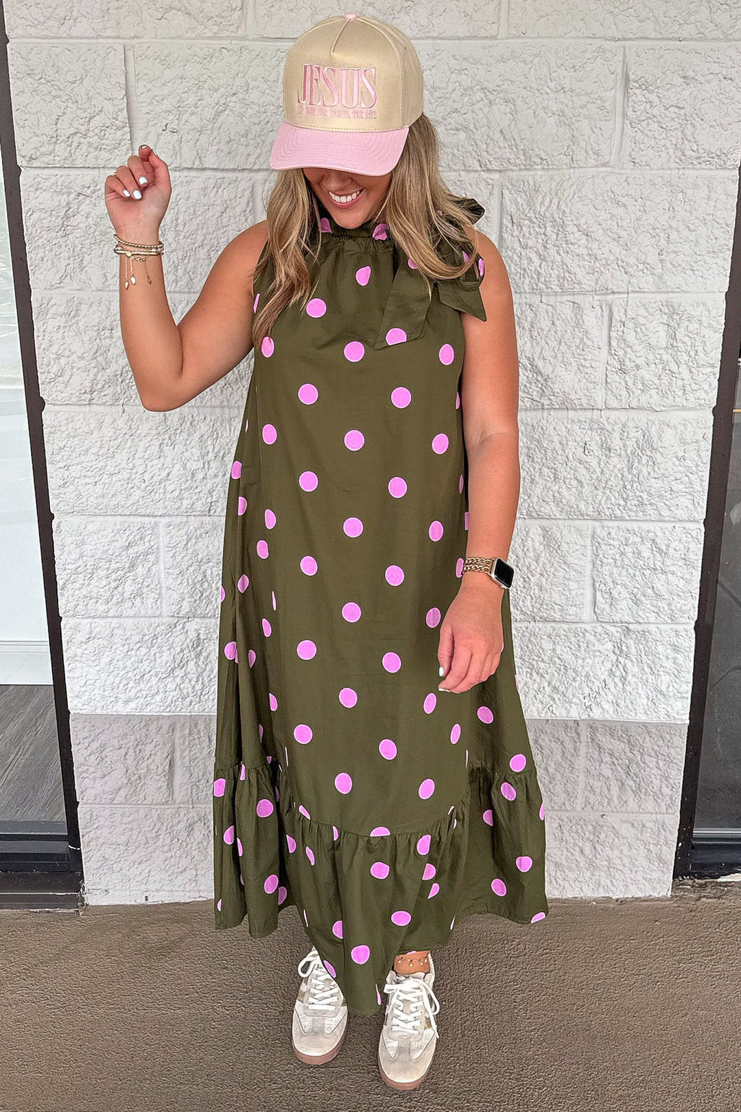 olive green with pink polka dot print sleeveless ruffle trimmed cinch mock neck midi dress