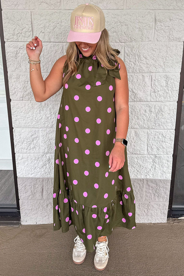 olive green with pink polka dot print sleeveless ruffle trimmed cinch mock neck midi dress