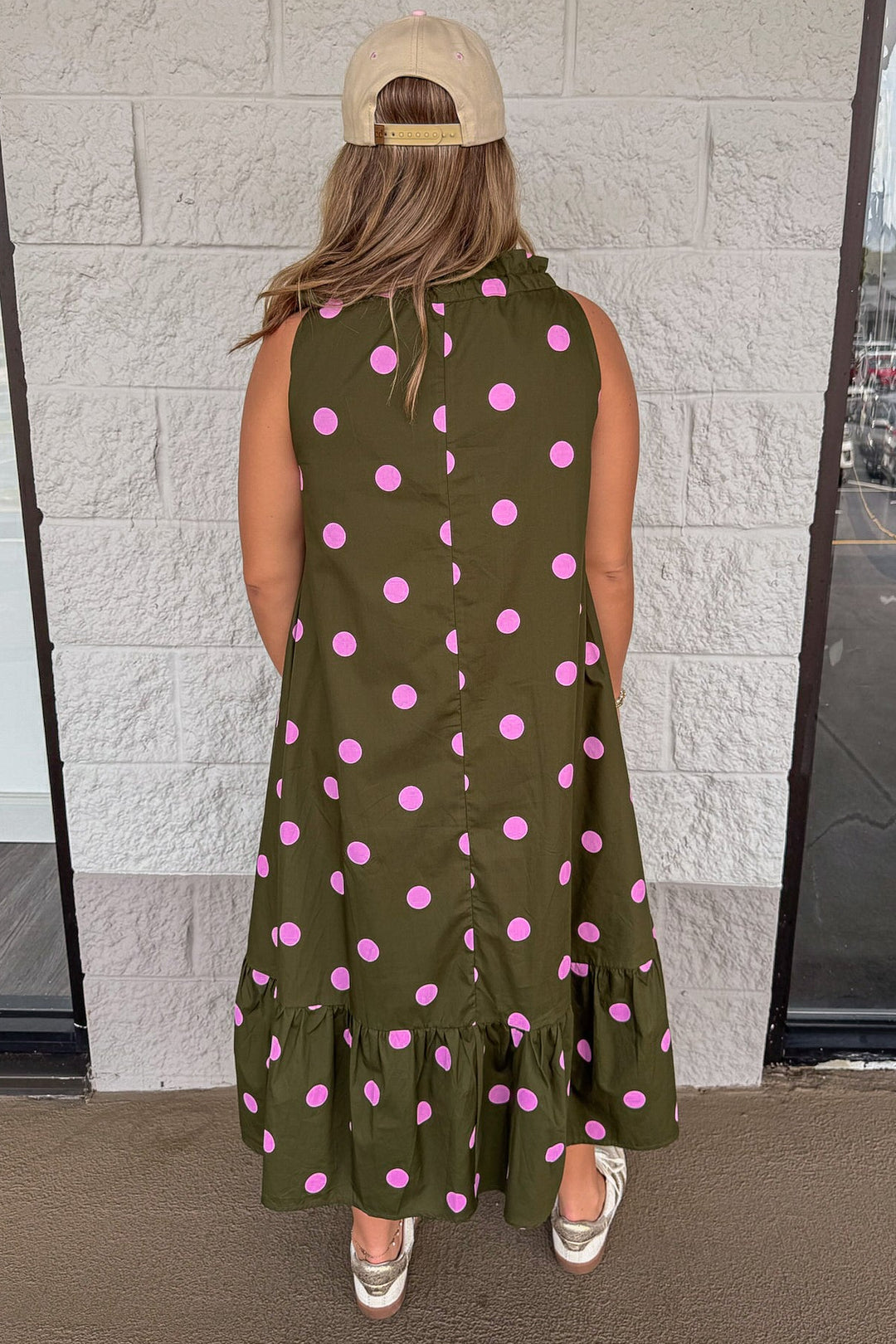 olive green with pink polka dot print sleeveless cinch neck cotton poplin midi dress