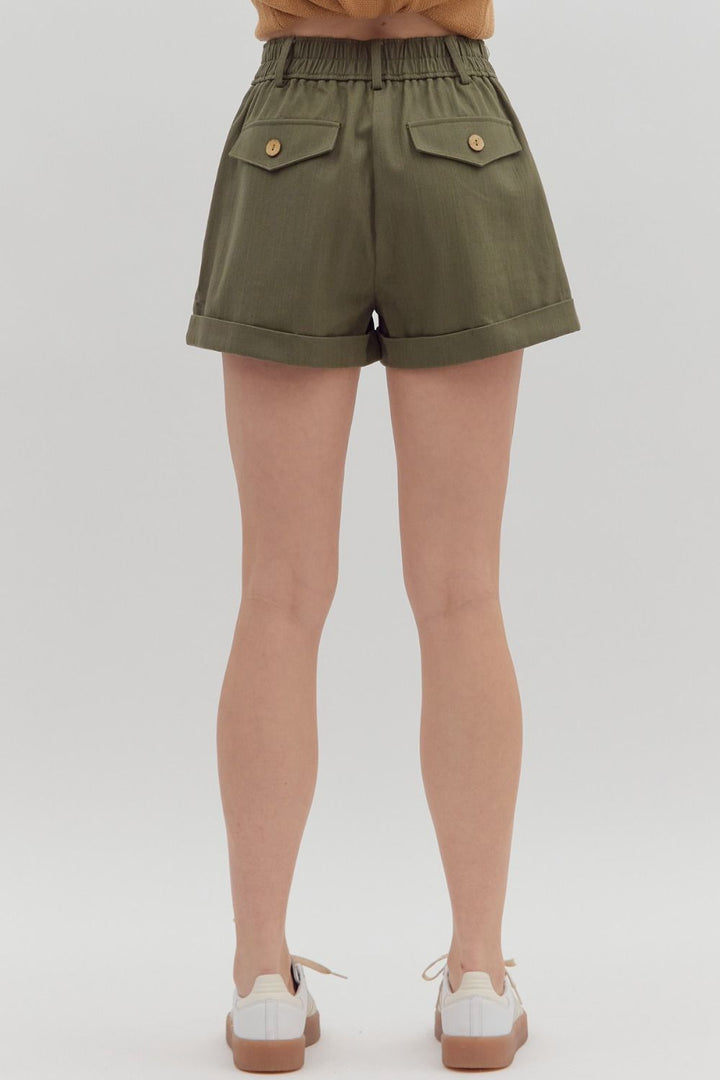 Women's olive denim pintuck shorts by Entro showing back view