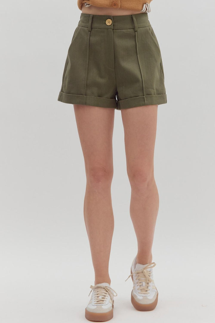 Women's olive denim pintuck shorts by Entro