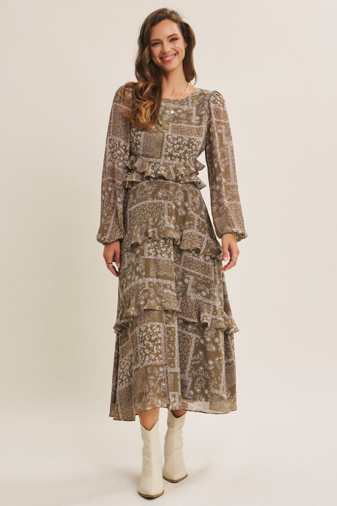 olive paisley ruffled dress for fall formal wear wedding attire