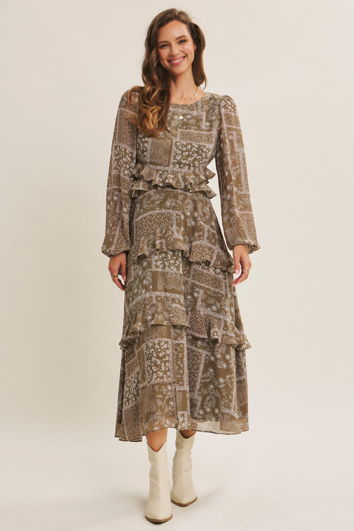 olive paisley ruffled dress for fall formal wear wedding attire