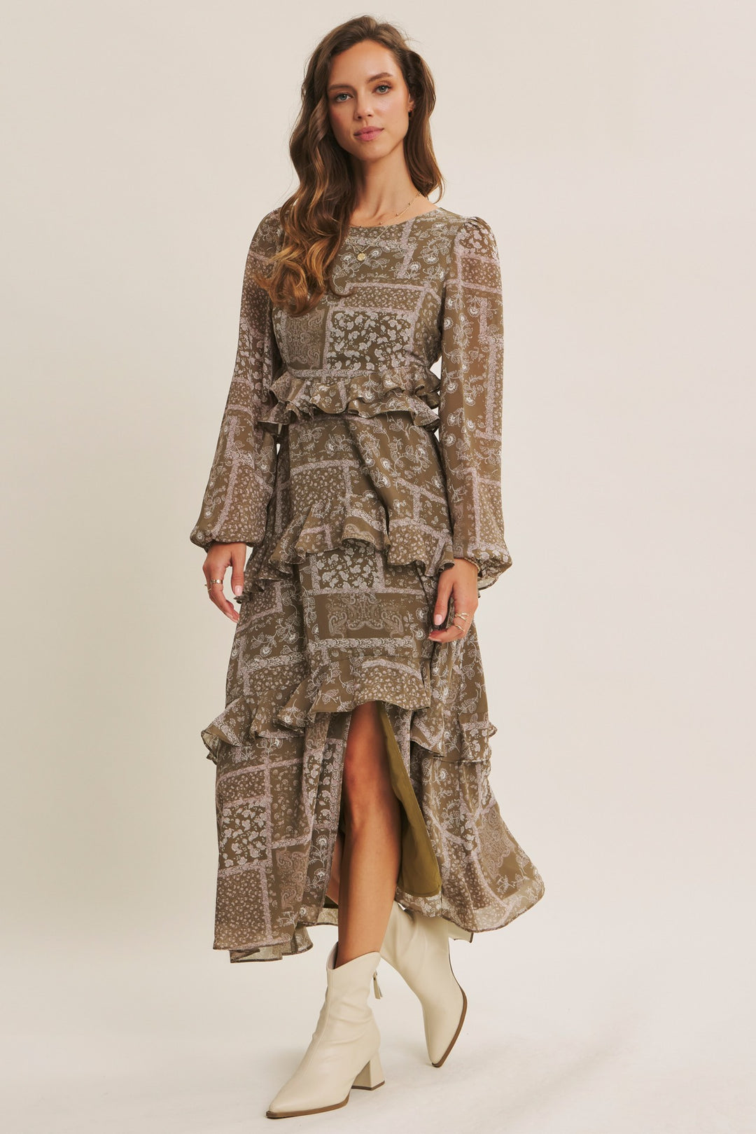 olive paisley ruffled dress for fall formal wear wedding attire slit 2