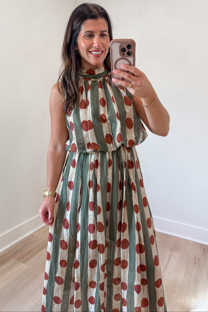 olive green and ecru stripes with rust polka dot print sleeveless mock neck midi dress