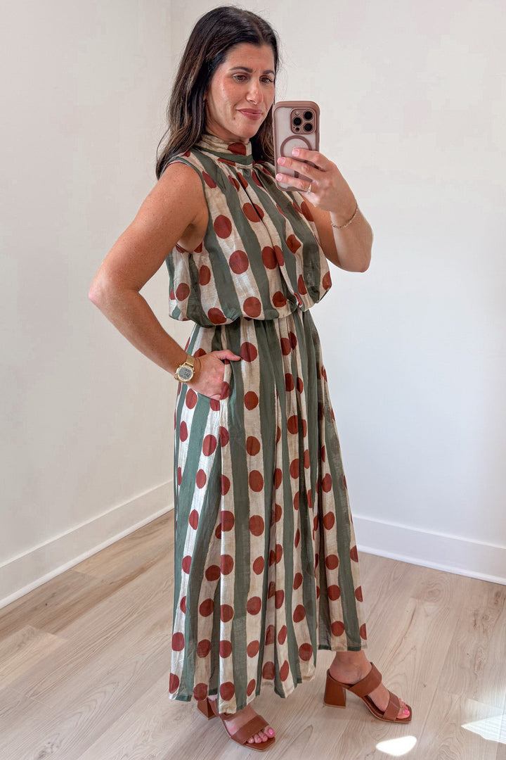 olive green and ecru stripes with rust polka dot print sleeveless midi dress with side pockets