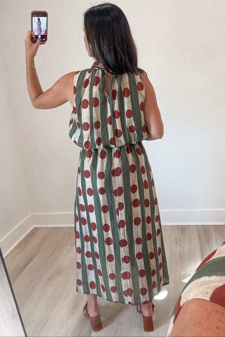 olive green and ecru stripes with rust polka dot print sleeveless flowy silhouette midi dress
