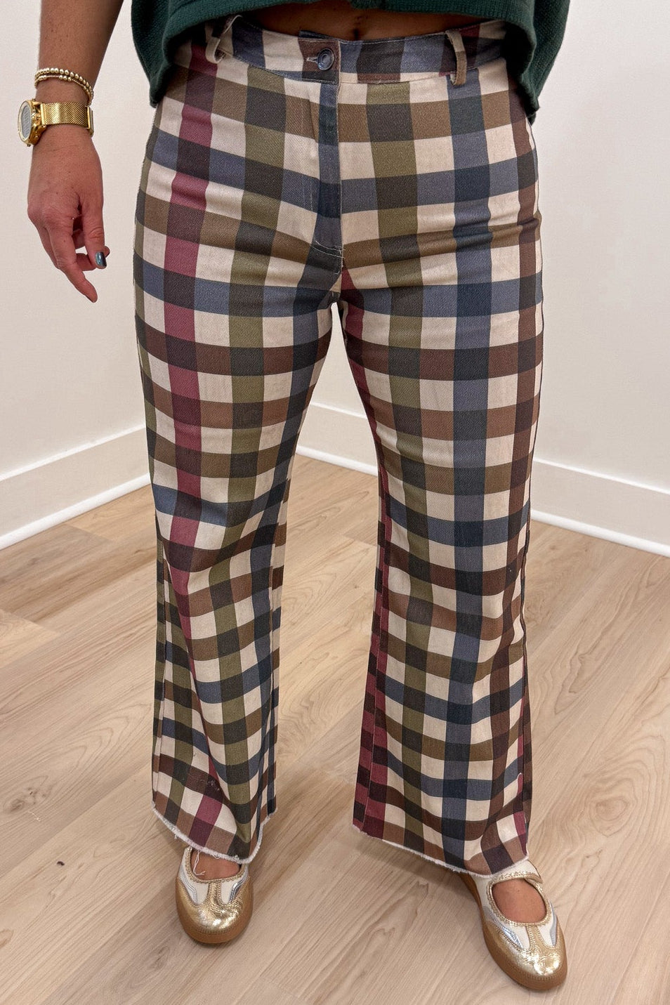 olive brown blue ivory and burgundy washed plaid print wide leg twill denim pants with button zipper closure