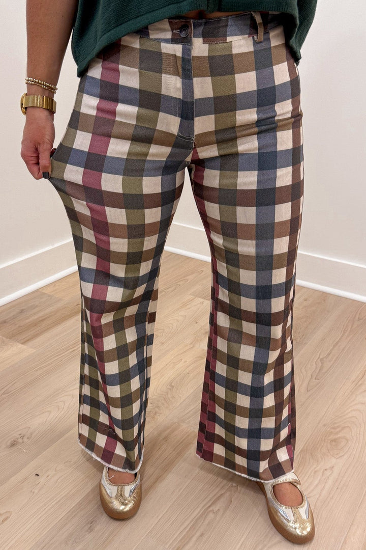 olive brown blue ivory and burgundy washed plaid print wide leg twill denim pants with frayed bottom hem