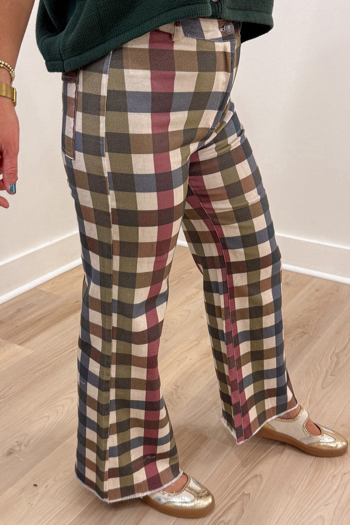 olive brown blue ivory and burgundy washed plaid print wide leg twill denim pants with belt loops