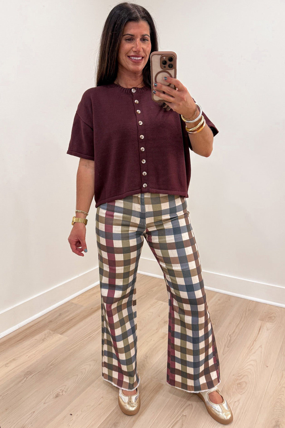 washed fall multicolored plaid print wide leg lightweight twill denim pants