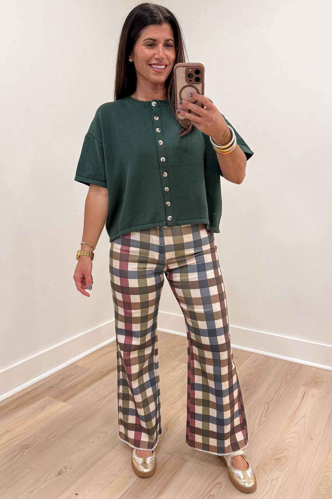 olive brown blue ivory and burgundy washed plaid print wide leg twill denim pants