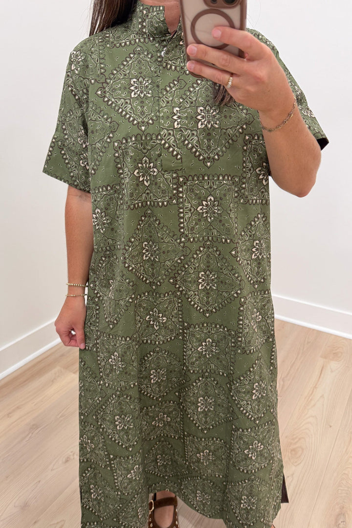 olive green with white bandana print button detail short sleeve relaxed fit poplin cotton maxi dress