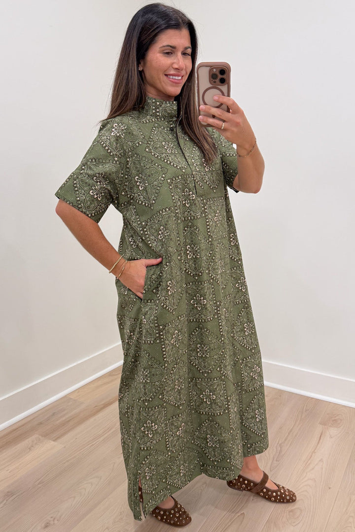 olive green with white bandana print short sleeve relaxed fit poplin cotton maxi dress with side pockets