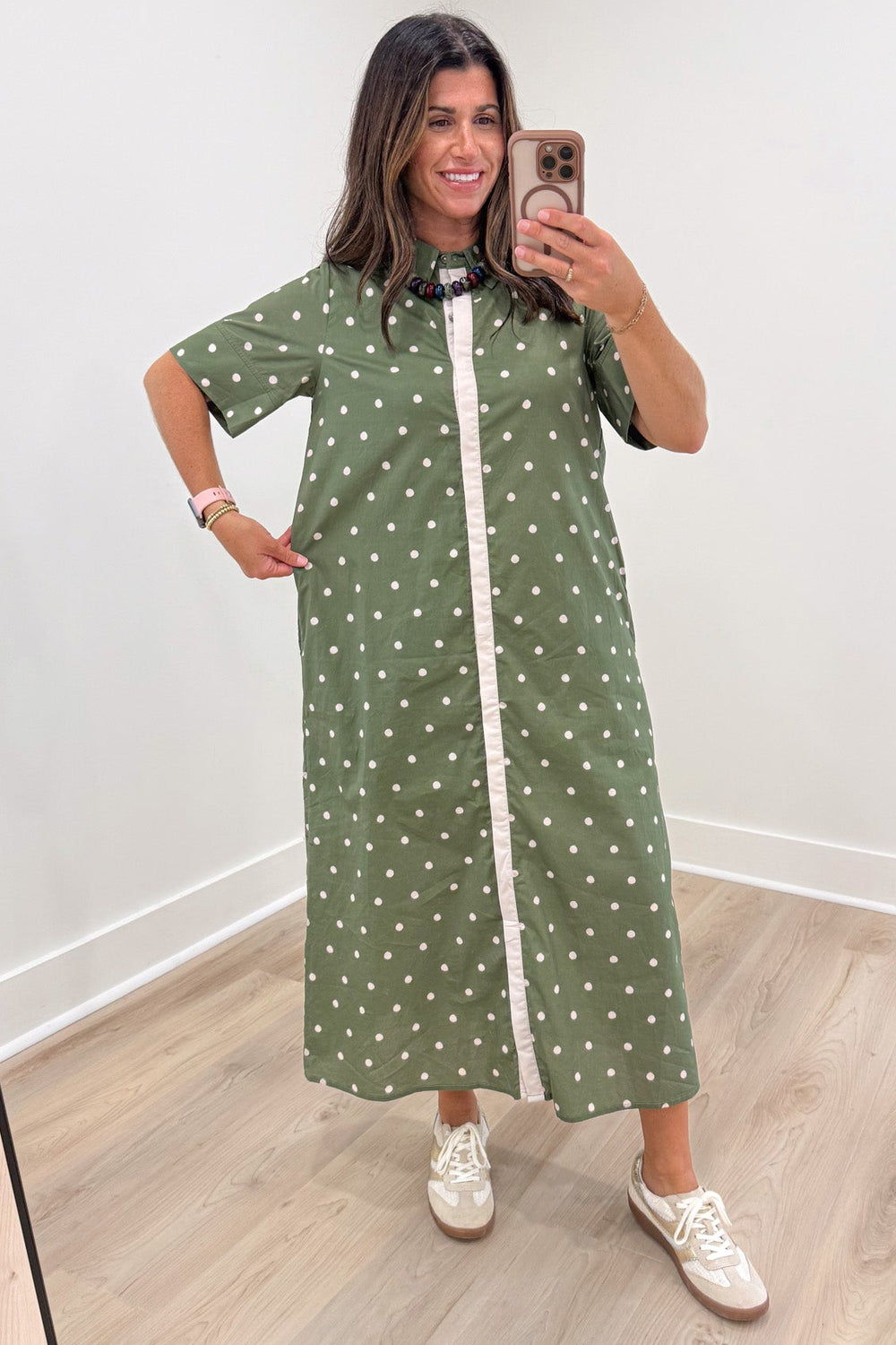 olive green with off white polka dot print short sleeve button front relaxed silhouette midi dress