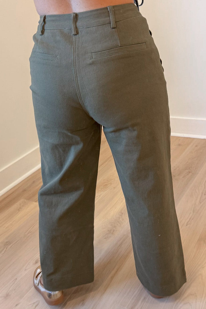 solid olive green wide leg high waisted scalloped trim twill denim pants with faux back pockets