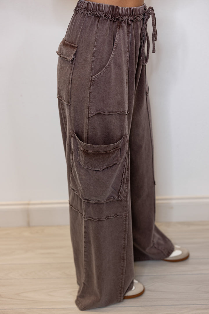 Women's mineral washed dark mocha terry knit exaggerated wide leg pants by Easel showing up close side view