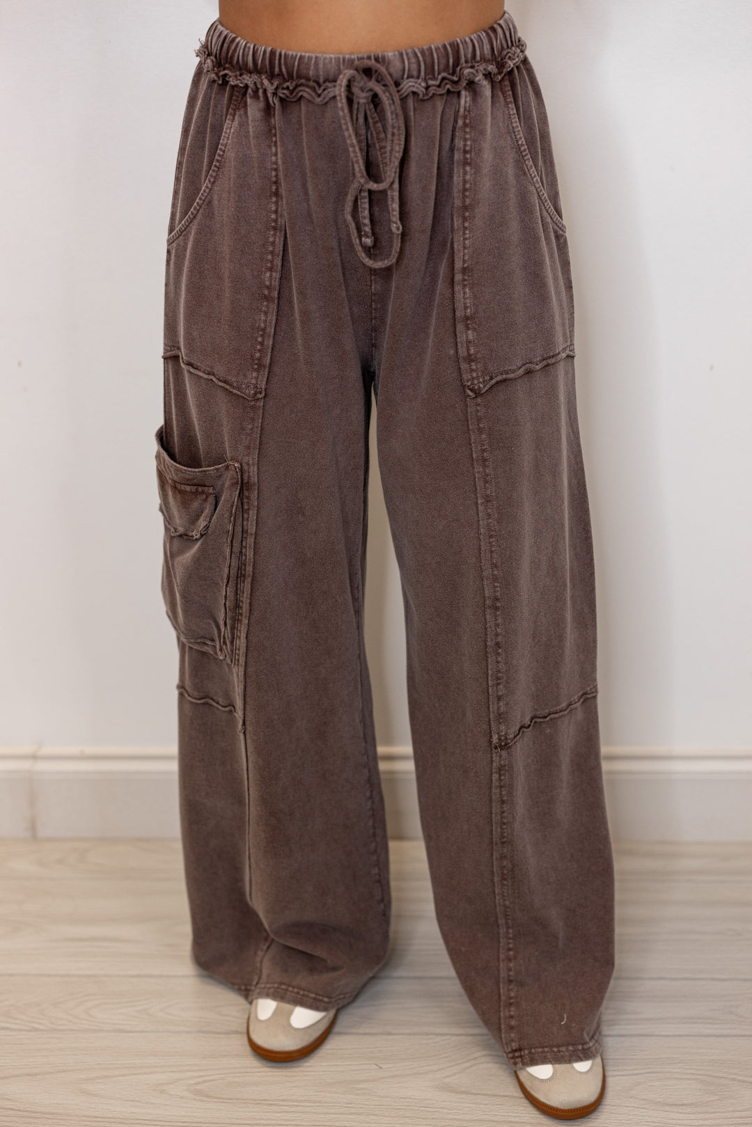 Women's mineral washed dark mocha terry knit exaggerated wide leg pants by Easel