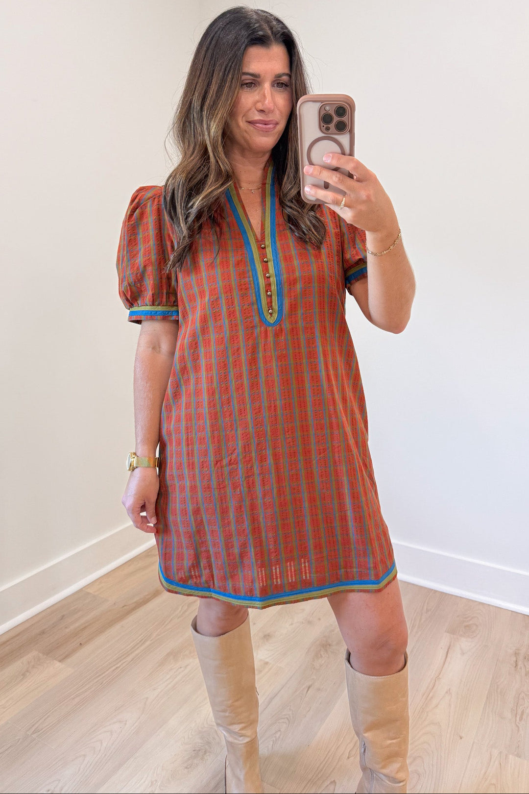 burnt orange blue and olive green plaid print short puff sleeve v neckline short dress